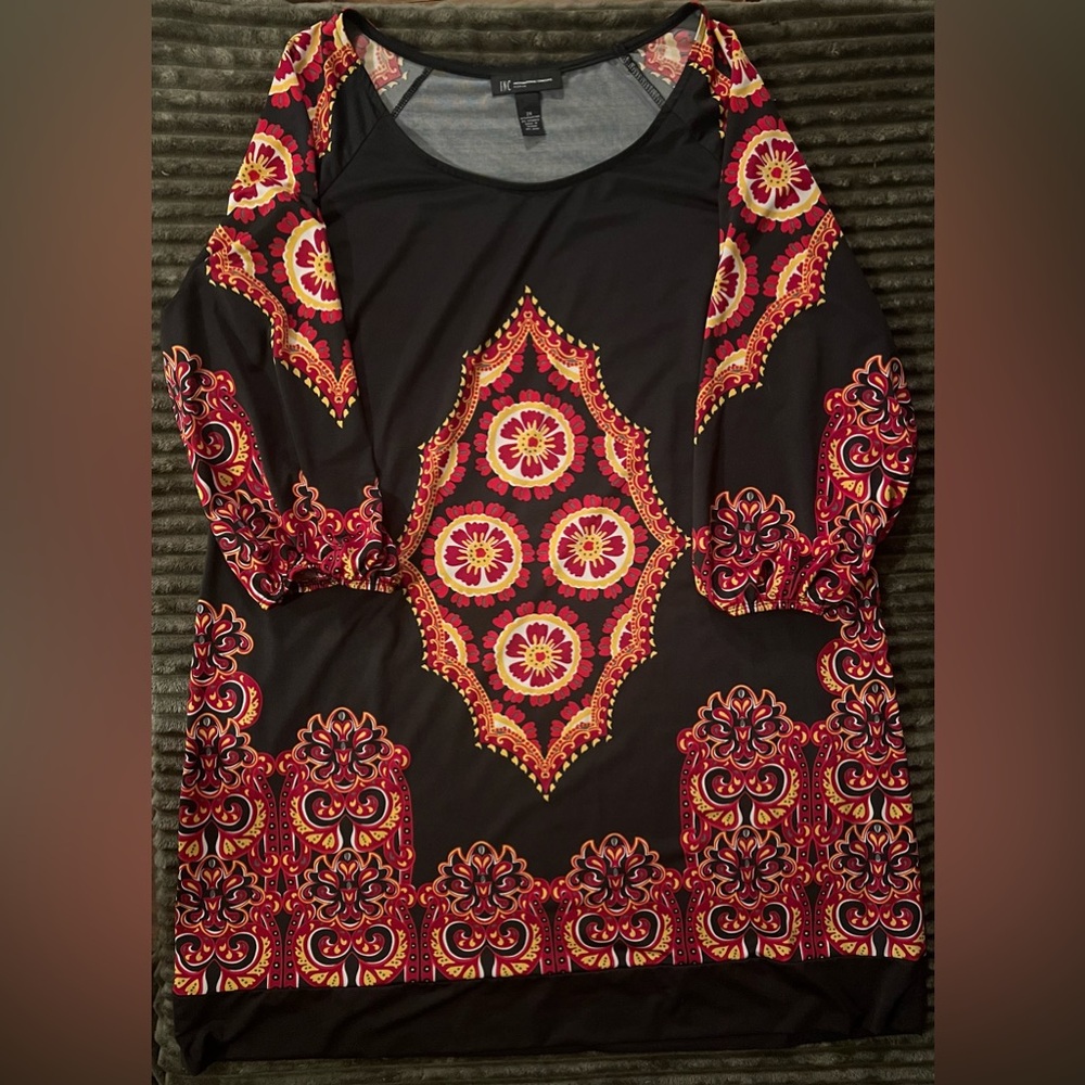 INC Shift Dress Black Red Yellow 3/4 Sleeves-Size 2X-(sku#18)
